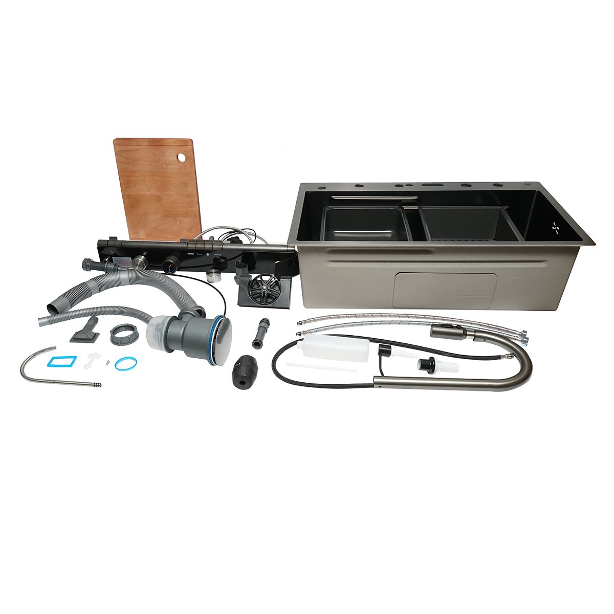Chiuveta bucatarie multifunctionala cu doua baterii, otel inoxidabil cu afisaj digital temperatura, doua cascade, spalator pahare, scurgator, tava, tocator si accesorii incluse, dimensiune 75x46x22cm